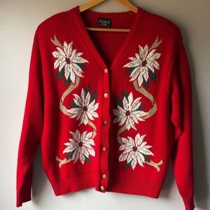 Vintage 90’s Southern Lady Holiday Time Red Floral Cardigan size L